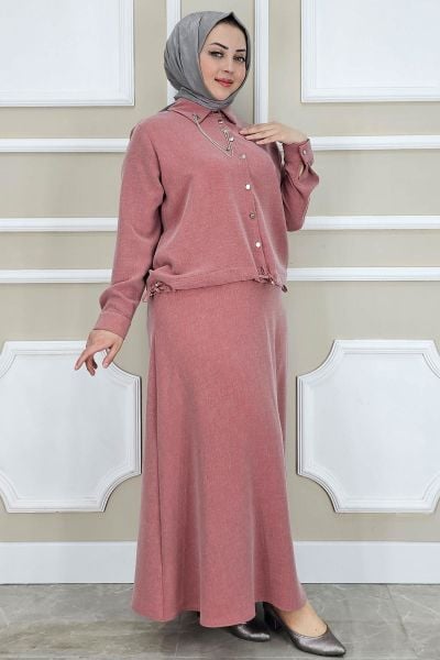 PYS KADIN SALLANTI AKSESUARLI ETEKLİ TESETTÜR TAKIM GÜL KURUSU - 3 BEDEN