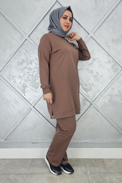 KADIN DÜĞME VE TAŞ DETAYLI TESETTÜR TAKIM VİZON - 3XL