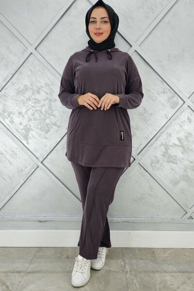 KADIN KAPÜŞONLU ARMA DETAYLI TESETTÜR TAKIM KAHVERENGİ - 3 BEDEN
