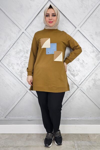 KADIN KOMBİNLİ TAŞ DETAYLI TESETTÜR TUNİK YAĞ YEŞİLİ - L