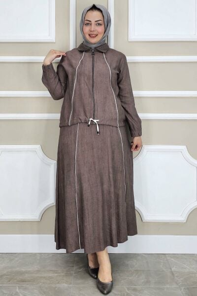 PYS KADIN BİYELİ FERMUARLI TESETTÜR TAKIM KAHVERENGİ - 2 BEDEN