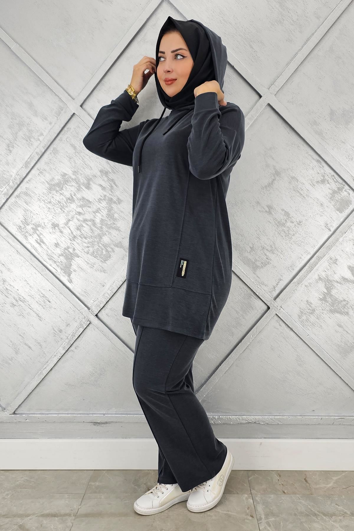 KADIN KAPÜŞONLU ARMA DETAYLI TESETTÜR TAKIM SİYAH - 2 BEDEN
