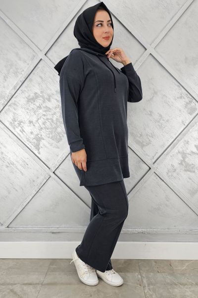 KADIN KAPÜŞONLU ARMA DETAYLI TESETTÜR TAKIM SİYAH - 2 BEDEN