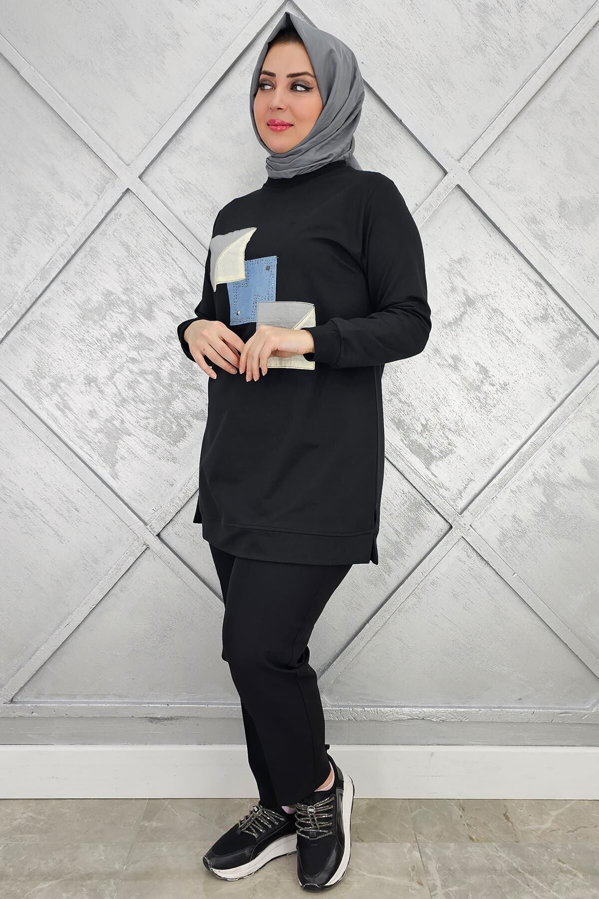 KADIN KOMBİNLİ TAŞ DETAYLI TESETTÜR TUNİK SİYAH - 3XL
