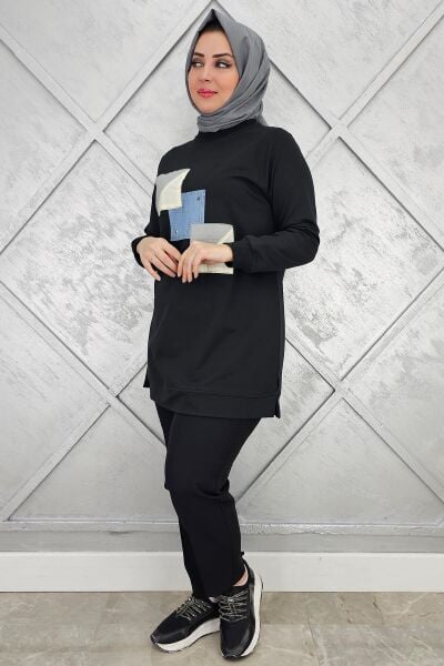 KADIN KOMBİNLİ TAŞ DETAYLI TESETTÜR TUNİK SİYAH - 3XL