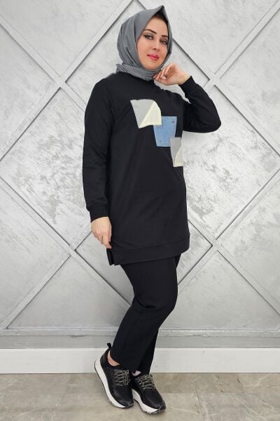 KADIN KOMBİNLİ TAŞ DETAYLI TESETTÜR TUNİK SİYAH - 3XL