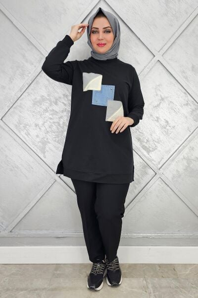 KADIN KOMBİNLİ TAŞ DETAYLI TESETTÜR TUNİK SİYAH - 3XL