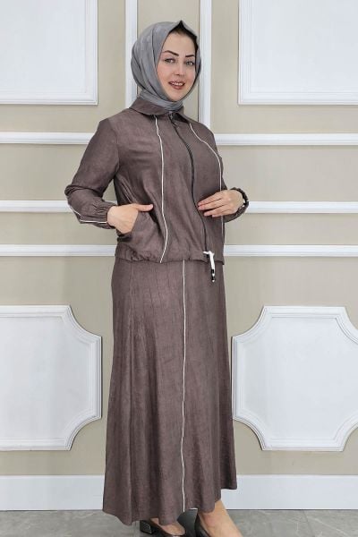 PYS KADIN BİYELİ FERMUARLI TESETTÜR TAKIM KAHVERENGİ - 3 BEDEN