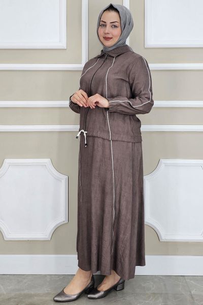 PYS KADIN BİYELİ FERMUARLI TESETTÜR TAKIM KAHVERENGİ - 3 BEDEN