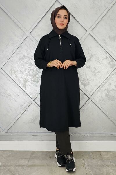 KADIN FERMUARLI BAĞCIKLI TESETTÜR TUNİK SİYAH - 2 BEDEN
