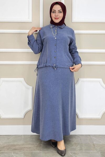 PYS KADIN SALLANTI AKSESUARLI ETEKLİ TESETTÜR TAKIM MAVİ - 2 BEDEN