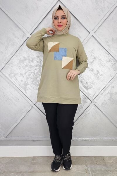 KADIN KOMBİNLİ TAŞ DETAYLI TESETTÜR TUNİK HAKİ - L