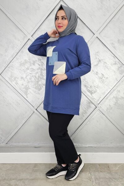 KADIN KOMBİNLİ TAŞ DETAYLI TESETTÜR TUNİK İNDİGO - L