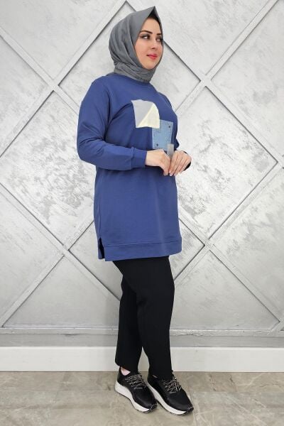 KADIN KOMBİNLİ TAŞ DETAYLI TESETTÜR TUNİK İNDİGO - L