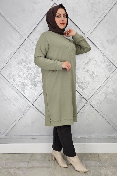 KADIN BASKI VE TAŞ DETAYLI TESETTÜR TUNİK HAKİ - 3 BEDEN