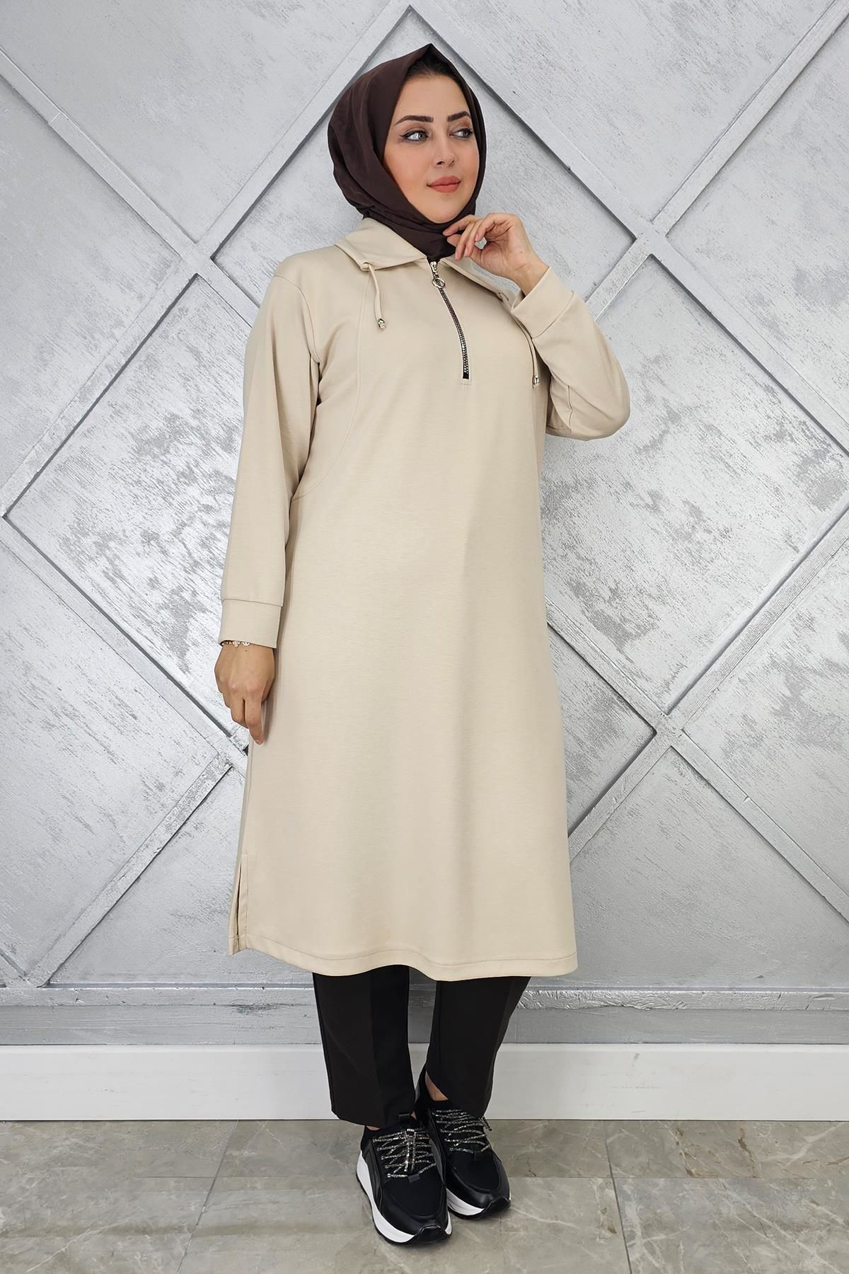 KADIN FERMUARLI BAĞCIKLI TESETTÜR TUNİK BEJ - 4 BEDEN