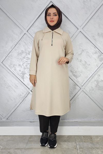 KADIN FERMUARLI BAĞCIKLI TESETTÜR TUNİK BEJ - 4 BEDEN