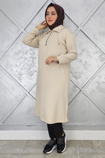 KADIN FERMUARLI BAĞCIKLI TESETTÜR TUNİK BEJ - 4 BEDEN