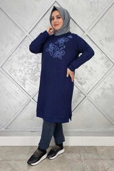KADIN BASKI VE TAŞ DETAYLI TESETTÜR TUNİK LACİVERT - 2 BEDEN