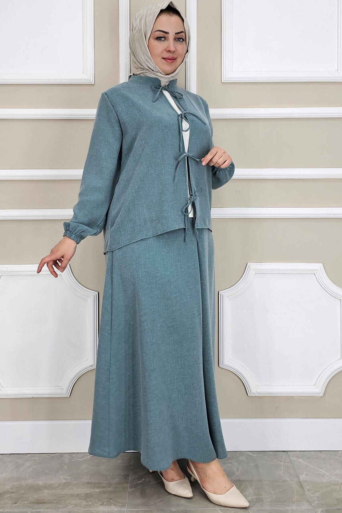 PYS KADIN ÖNÜ BAĞCIKLI TESETTÜR 3 LÜ TAKIM YEŞİL - 5 BEDEN