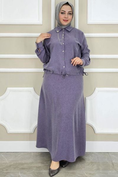 PYS KADIN SALLANTI AKSESUARLI ETEKLİ TESETTÜR TAKIM LİLA - 2 BEDEN