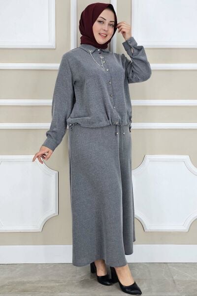 PYS KADIN SALLANTI AKSESUARLI ETEKLİ TESETTÜR TAKIM GRİ - 2 BEDEN