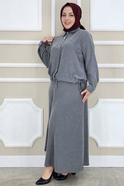 PYS KADIN SALLANTI AKSESUARLI ETEKLİ TESETTÜR TAKIM GRİ - 2 BEDEN