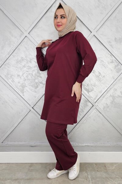 KADIN OMUZ DÜĞME DETAYLI TESETTÜR TAKIM BORDO - 2XL