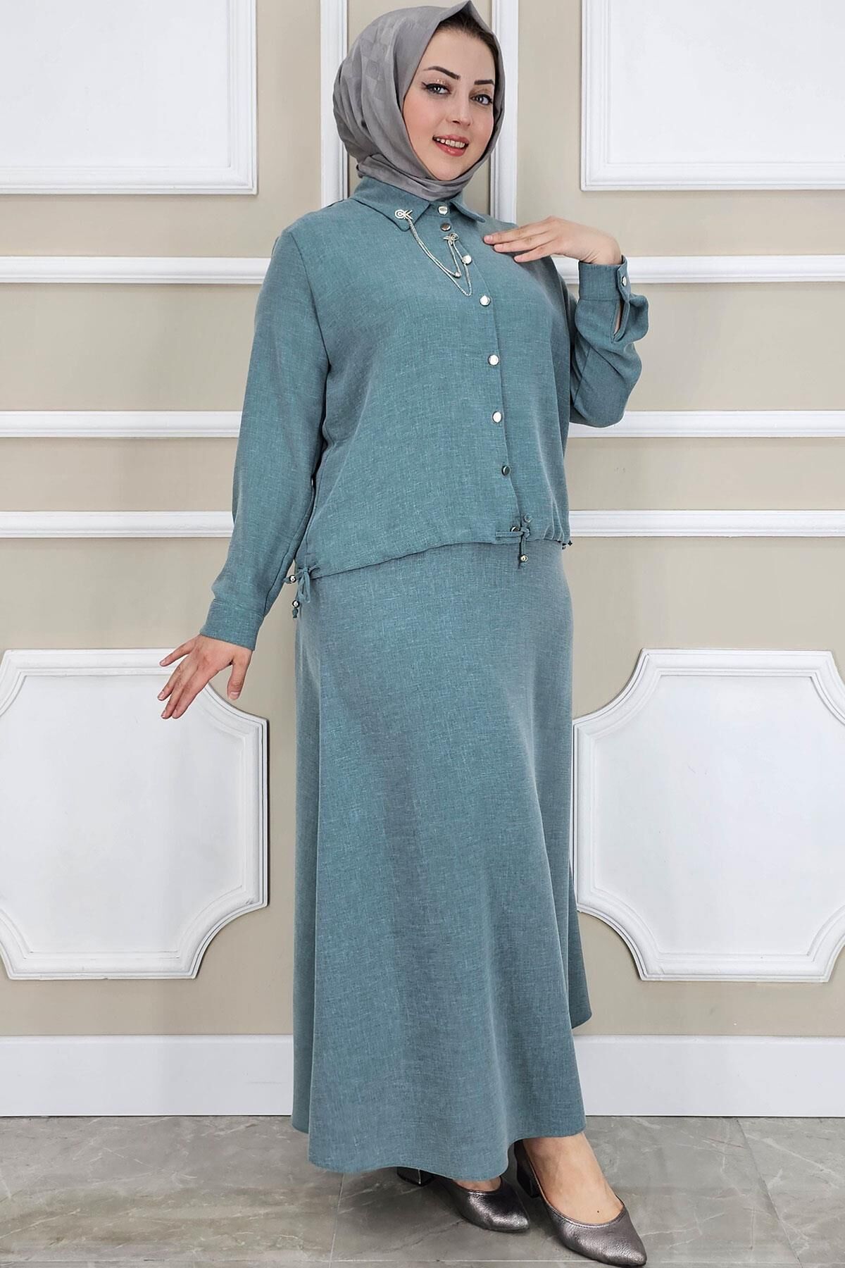 PYS KADIN SALLANTI AKSESUARLI ETEKLİ TESETTÜR TAKIM YEŞİL - 2 BEDEN