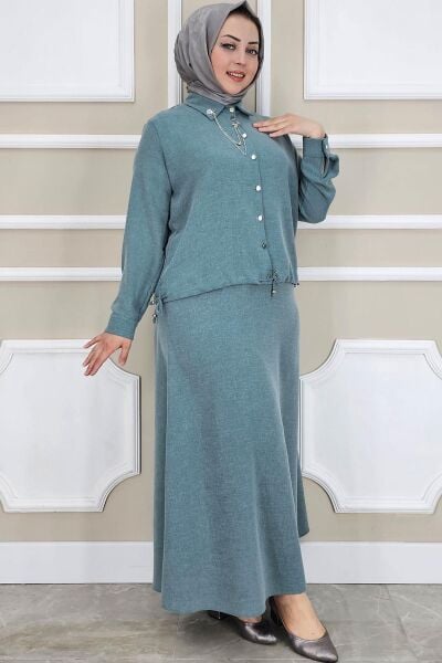 PYS KADIN SALLANTI AKSESUARLI ETEKLİ TESETTÜR TAKIM YEŞİL - 2 BEDEN