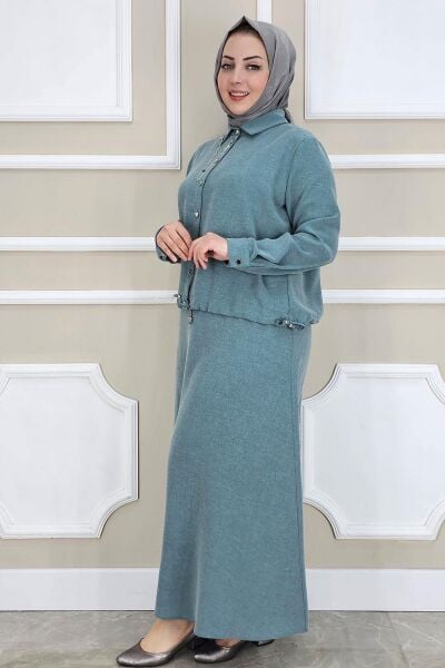 PYS KADIN SALLANTI AKSESUARLI ETEKLİ TESETTÜR TAKIM YEŞİL - 2 BEDEN