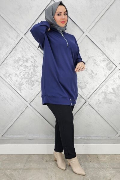 KADIN FERMUAR DETAYLI TESETTÜR TUNİK İNDİGO - 2 BEDEN