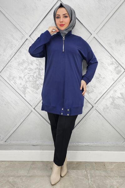 KADIN FERMUAR DETAYLI TESETTÜR TUNİK İNDİGO - 2 BEDEN