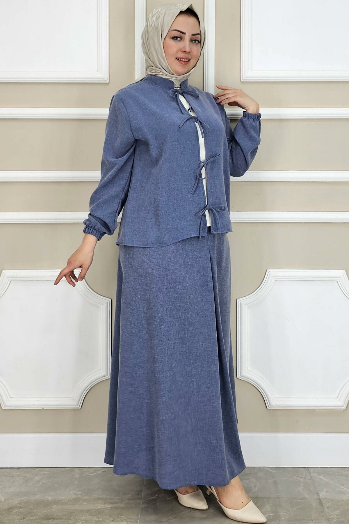 PYS KADIN ÖNÜ BAĞCIKLI TESETTÜR 3 LÜ TAKIM KOYU MAVİ - 3 BEDEN