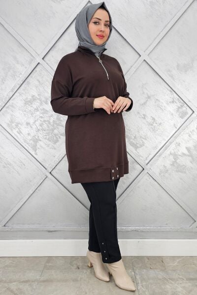 KADIN FERMUAR DETAYLI TESETTÜR TUNİK KAHVERENGİ - 3 BEDEN