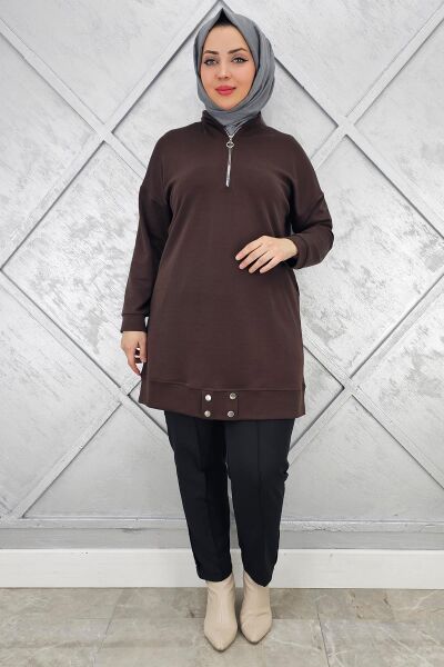 KADIN FERMUAR DETAYLI TESETTÜR TUNİK KAHVERENGİ - 3 BEDEN