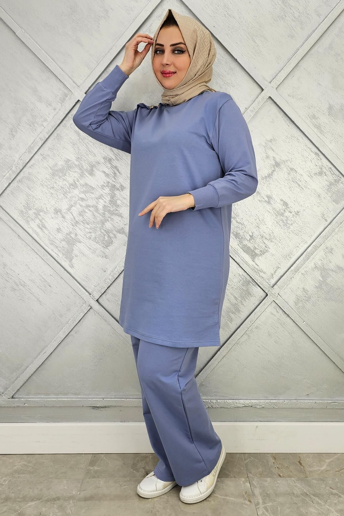 KADIN OMUZ DÜĞME DETAYLI TESETTÜR TAKIM MAVİ - 3XL