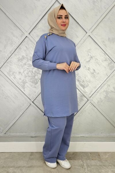 KADIN OMUZ DÜĞME DETAYLI TESETTÜR TAKIM MAVİ - 3XL
