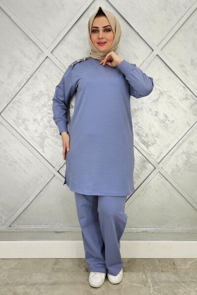 KADIN OMUZ DÜĞME DETAYLI TESETTÜR TAKIM MAVİ - 3XL