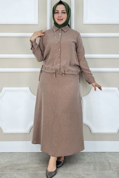 PYS KADIN SALLANTI AKSESUARLI ETEKLİ TESETTÜR TAKIM SOMON - 4 BEDEN