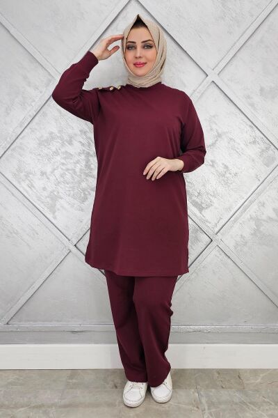 KADIN OMUZ DÜĞME DETAYLI TESETTÜR TAKIM BORDO - 3XL