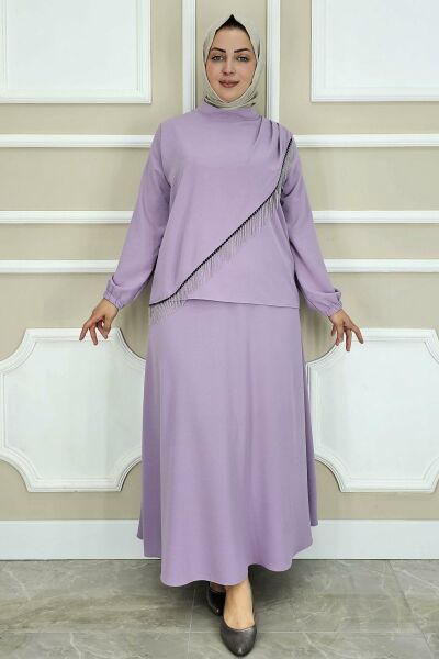 PYS KADIN PÜSKÜL AKSESUARLI TESETTÜR TAKIM LİLA - 2 BEDEN