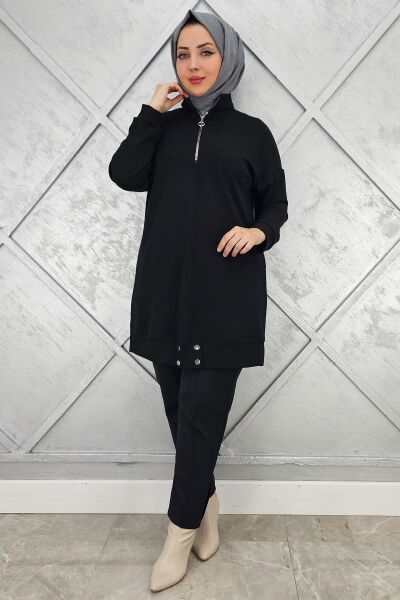 KADIN FERMUAR DETAYLI TESETTÜR TUNİK SİYAH - 3 BEDEN