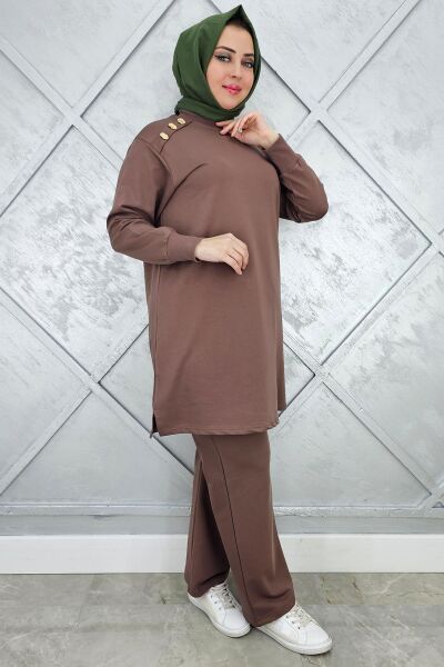 KADIN OMUZ DÜĞME DETAYLI TESETTÜR TAKIM VİZON - L