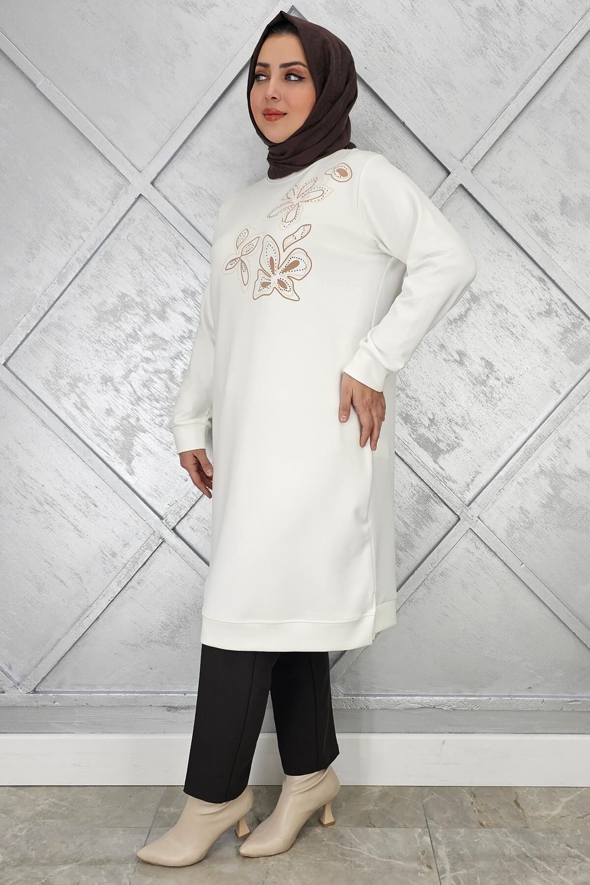 KADIN BASKI VE TAŞ DETAYLI TESETTÜR TUNİK EKRU - 2 BEDEN