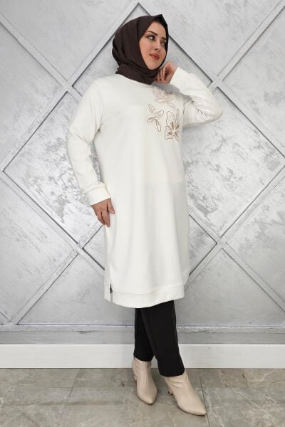 KADIN BASKI VE TAŞ DETAYLI TESETTÜR TUNİK EKRU - 2 BEDEN