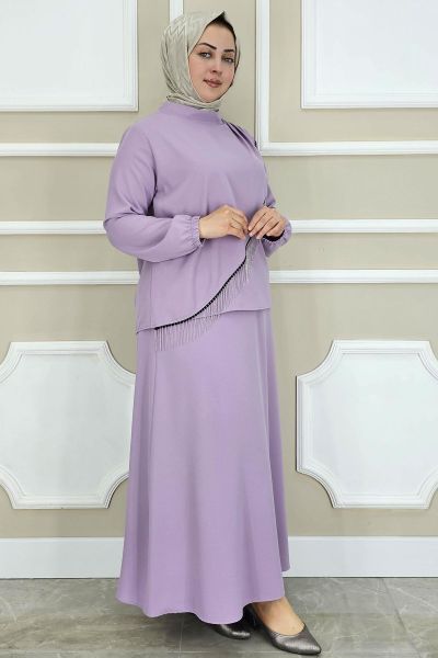 PYS KADIN PÜSKÜL AKSESUARLI TESETTÜR TAKIM LİLA - 5 BEDEN