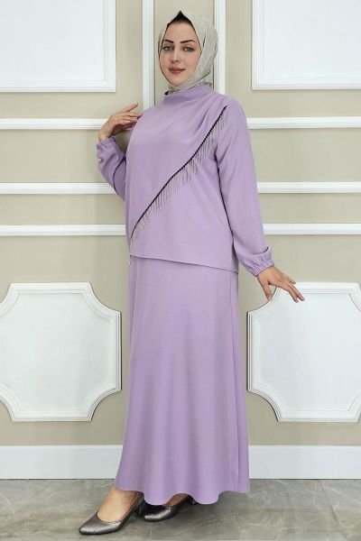 PYS KADIN PÜSKÜL AKSESUARLI TESETTÜR TAKIM LİLA - 5 BEDEN