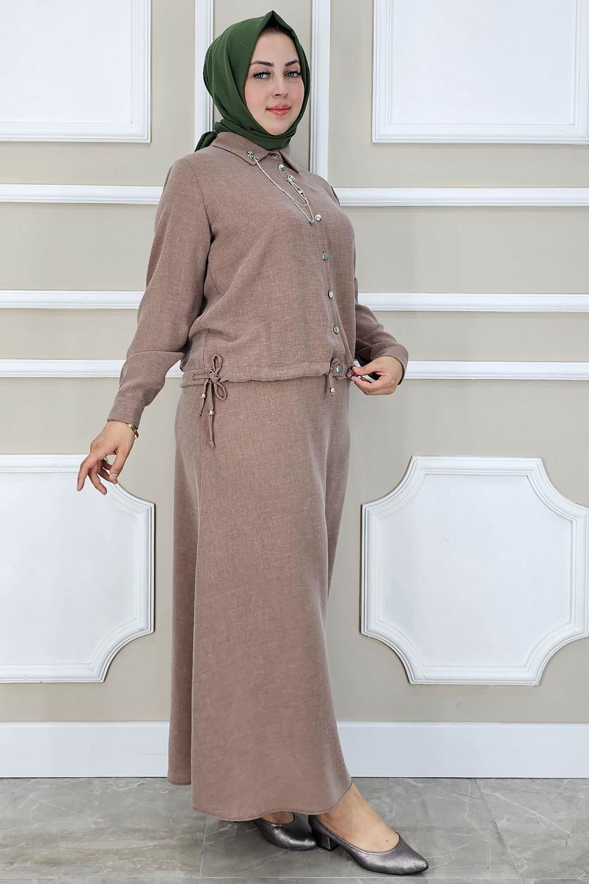 PYS KADIN SALLANTI AKSESUARLI ETEKLİ TESETTÜR TAKIM SOMON - 5 BEDEN