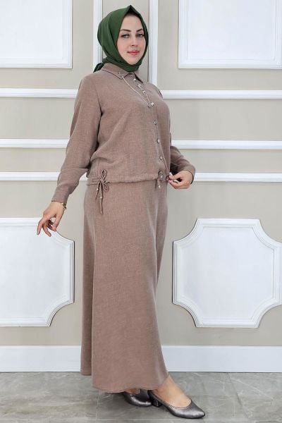 PYS KADIN SALLANTI AKSESUARLI ETEKLİ TESETTÜR TAKIM SOMON - 5 BEDEN